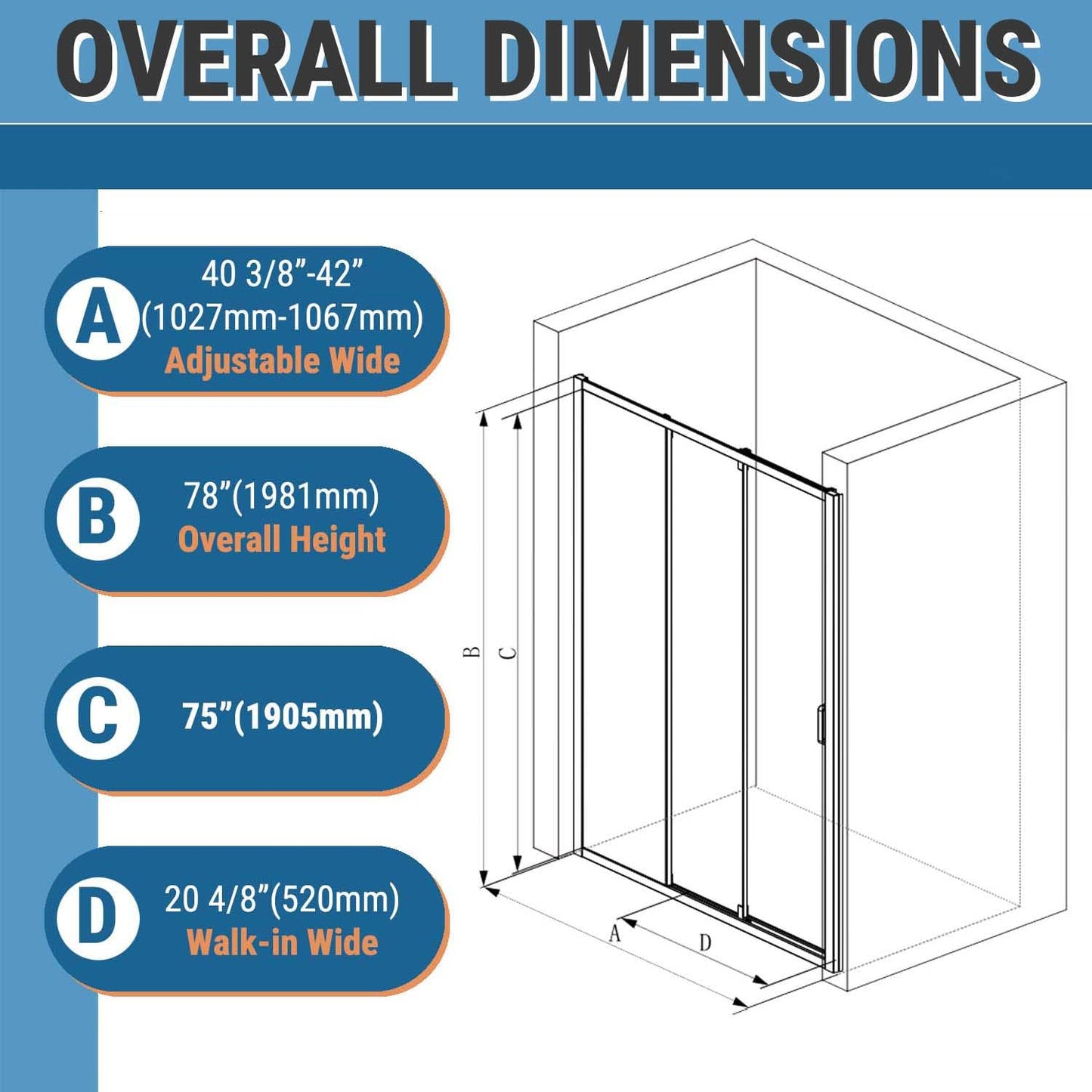 Bathlink 42" W x 78" H 3-Panels Sliding Shower Door, Shower Door Clear 6mm Tempered Glass with Brushed Gold Frame, 3-Panels Sliding Shower Easy to Clean,Three-Panel Synchronized Shower Sliding Door