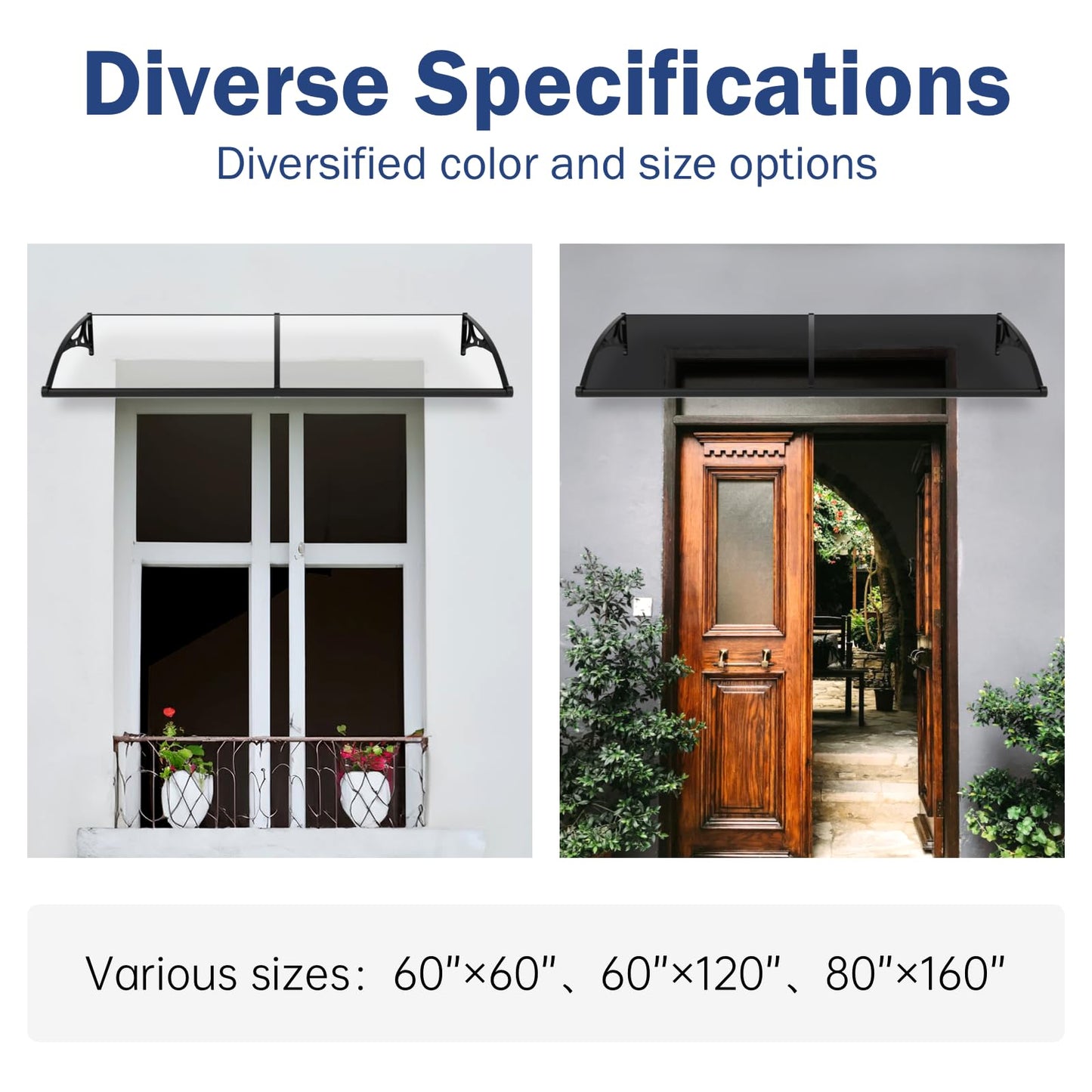 Awning for Door Entrance,Window Door Awnings Exterior, Awning with Polycarbonate Board Aluminum Bracket for Porch Patio Deck,Protect Against Light, Rain and Snow