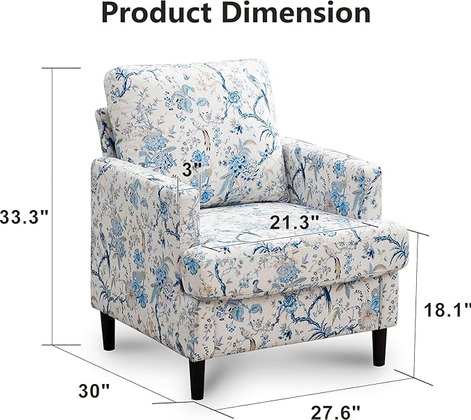 Weture Mid-Century Accent Chair,Modern Linen Fabric Armchair for Living Room,Comfy Upholstered Reading Accent Chairs for Bedroom,Single Sofa Chair with Wood Legs (Blue Flowered Bird, 1 Pack)