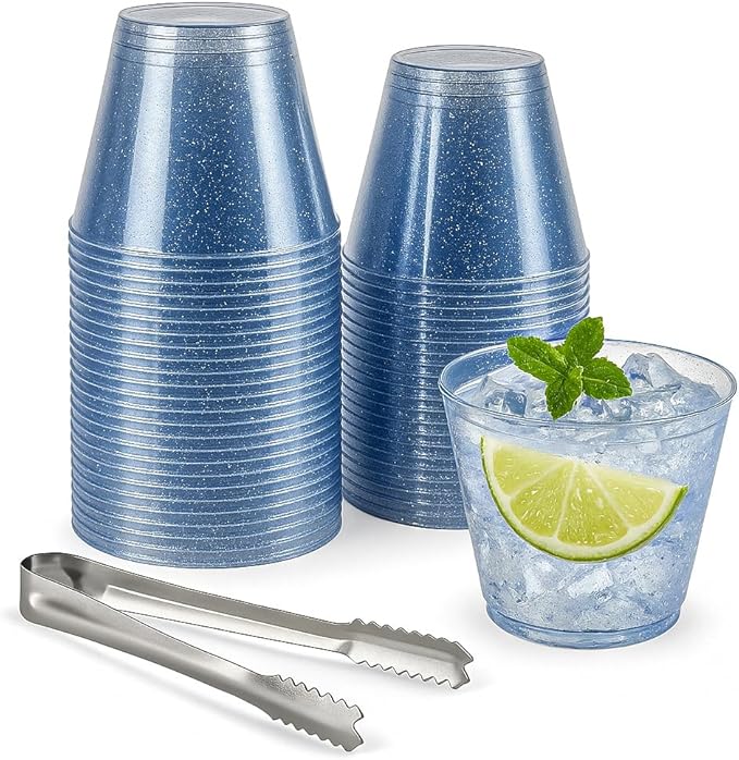 100 Blue Glitter Plastic Cups and 1 Silver Ice Tong Set - 9 Ounce Disposable Cocktail Glasses - Plastic Wine Cups - Blue P...