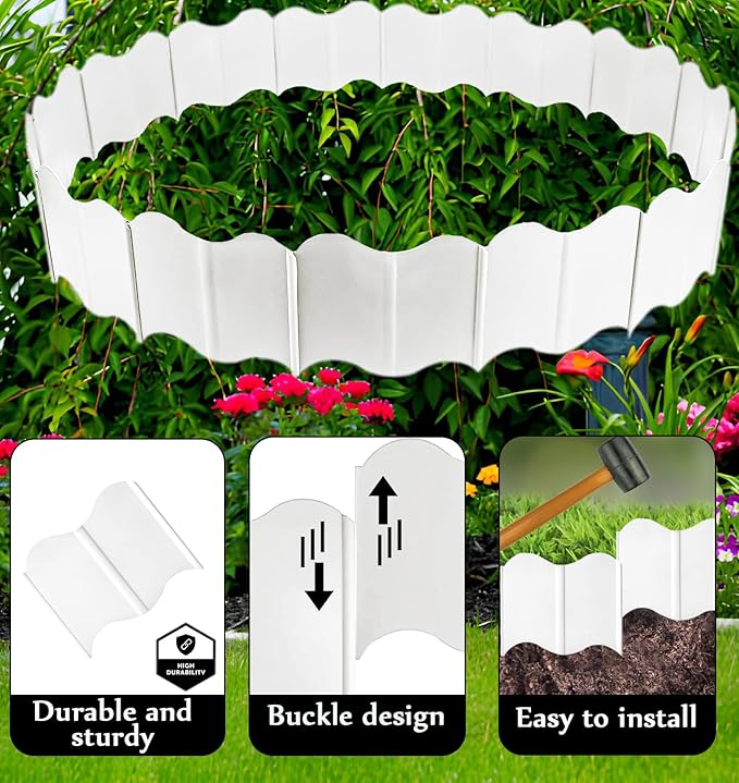 Orgrimmar 20 ft Garden Edging 40PCS Interlocking Landscaping Edging Kit, Plastic No-Dig Pound-in Garden Edge(20' Long x 5.3” Tall) - White