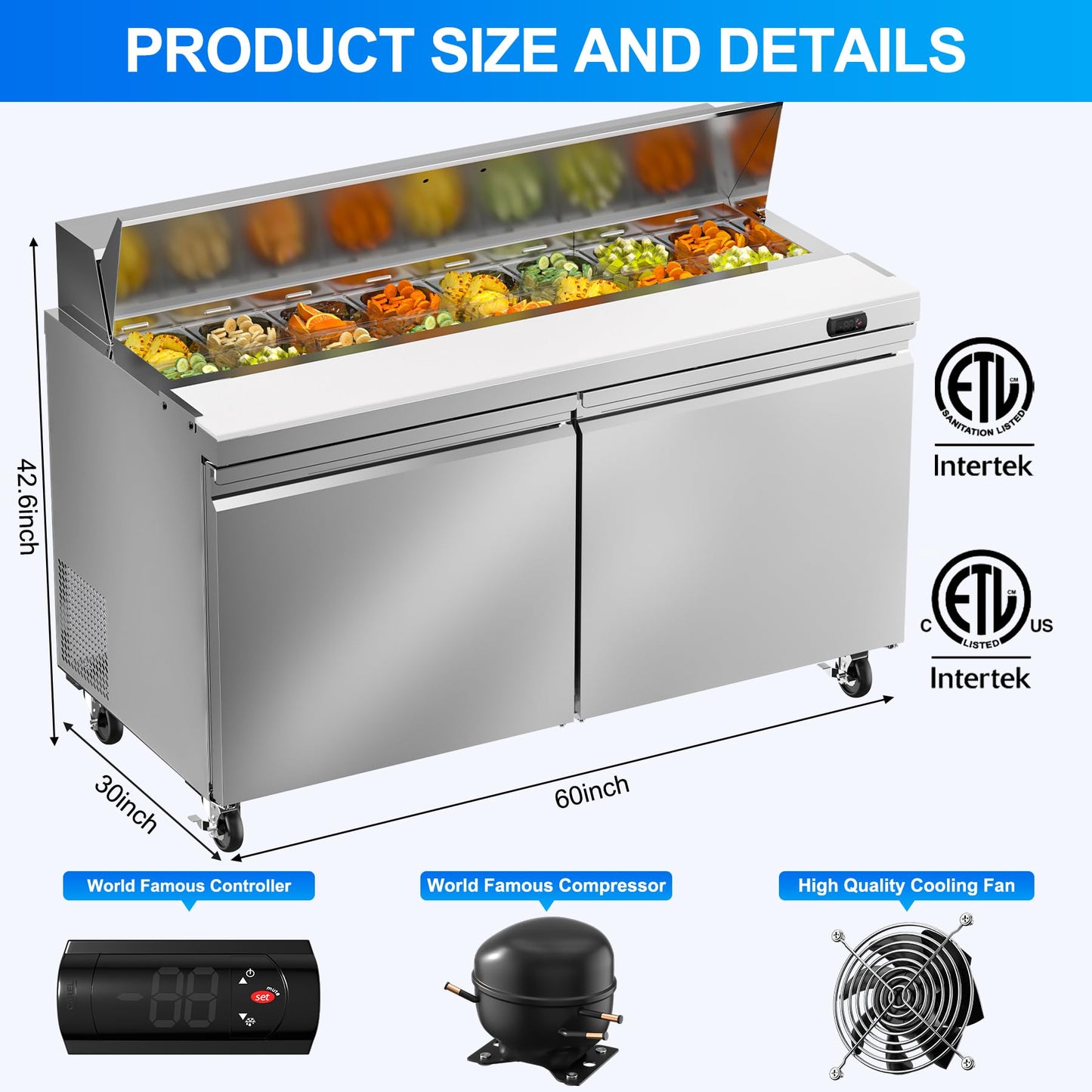 Rockitch 60" W Commercial Refrigerator Sandwich Salad Prep Table, 17.8 Cu.ft 2 Door Commercial Stainless Steel Food Prep Fridge with 16 Pans, Salad Prep Station for Restaurant, Bar, Shop, etc.