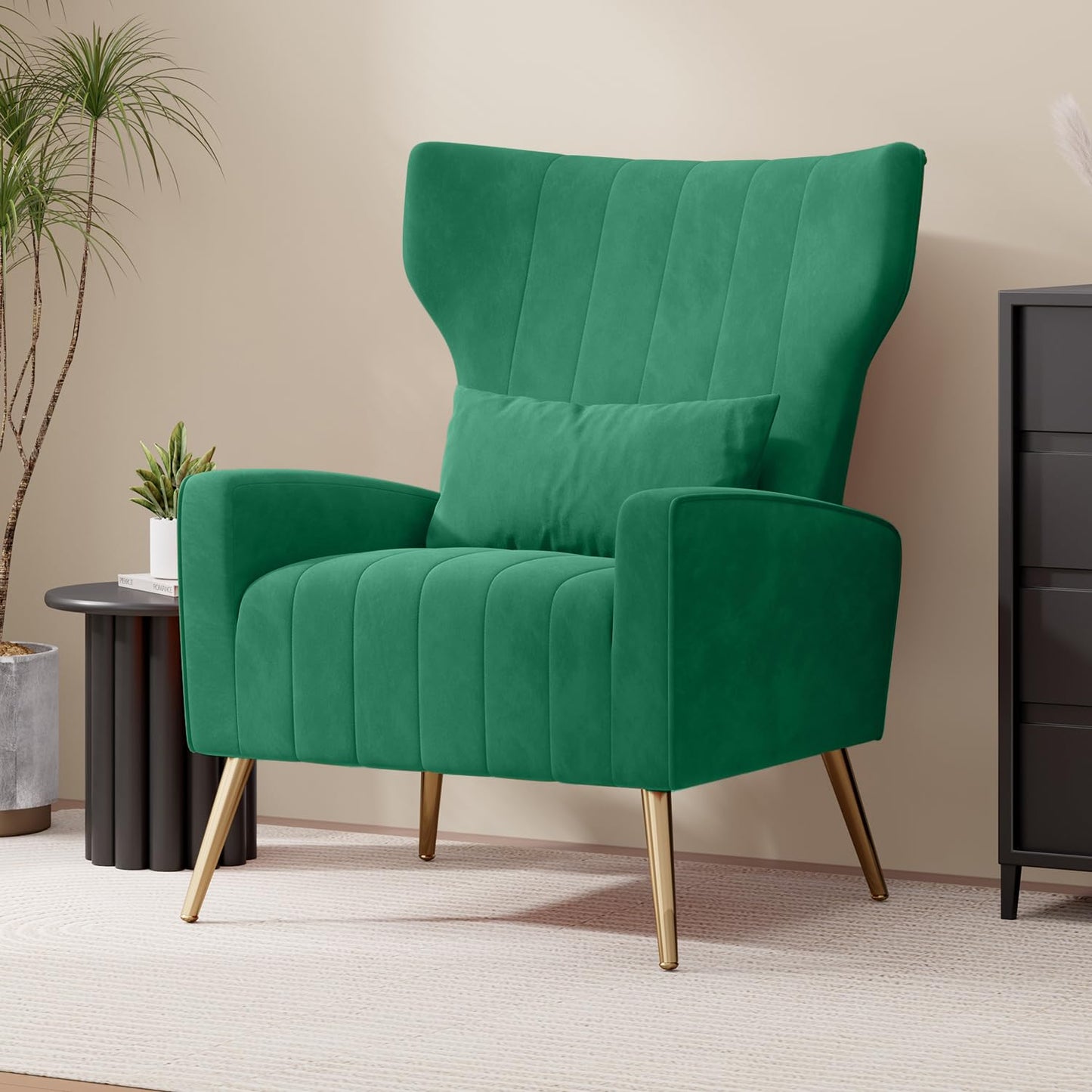 Nebuaegis Velvet Accent Chair Wingback for Living Room, High Back Arm Chair with Golden Legs Lumbar Pillow, Upholstered Single Sofa Bedroom Green