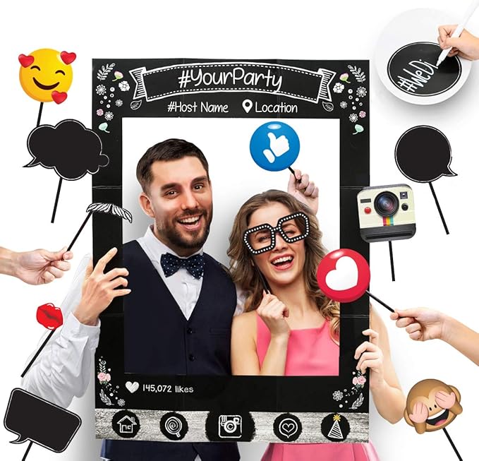 Insta-Themed Social Media Party Photo Booth Selfie Frame with Emoji & Speech Bubble Props. Great as Vintage Background Pho...