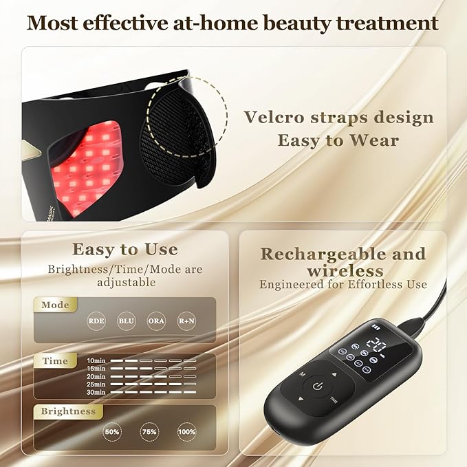 4D Red Light Therapy Mask，Red Light Therapy for Face with 4 Color Light Modes (Red+Infrared/Red/Blue/Orange), 850NM Infrared LED Face Mask Light Therapy with 4000mAh Rechargeable Remote, Timer