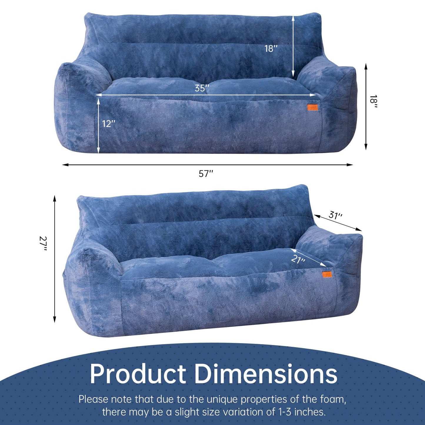 Cvortll Big Bean Bag Chairs for Adults Oversized Beanbag Chair Lazy Sofa with Armrest Foam Filled Loveseat Sofa Floor Comfy Couch for Bedroom,Blue