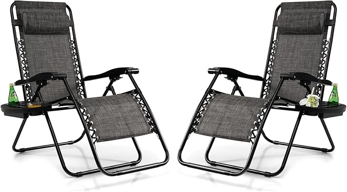 Tangkula Set of 2 Zero Gravity Chair, Folding Patio Lounge Chair Adjustable Outdoor Recliner with Cup Holder, Wide Armrest for Patio Garden Poolside Outdoor Yard Beach, Support 350 lbs (2, Grey)