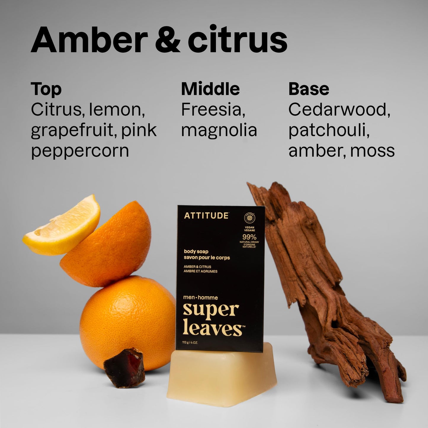 ATTITUDE Bar Soap Body Wash for Men, For Body and Hands, 99% Natural Origin Ingredients with Avocado Oil, EWG Verified, Amber &