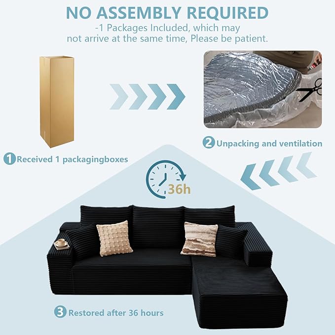 96" Cloud Sectional Couch with L-Shape Chaise, Modern Corduroy Boneless Couch for Living Room,Memory Foam Sofa with Deep Seat,No Assembly Required (Black,Right-Facing Chaise)