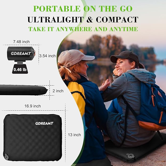 GDREAMT Inflatable Seat Cushion, Self-Inflating Memory Foam Stadium Seats Cushion Lightweight & Compact Chair Sitting Pad Airplane Cushion for Long Flight Travel Outdoor Camping Car Bleachers Office