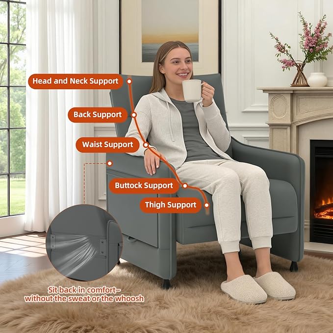 Tbillionnext Upholstered Accent Sofa, Modern Faux Leather Sofa Chair with Hidden Foldable Tray & Side Pocket, Rear Contour Arm Design, Small Accent Sofa for Bedroom, Gray