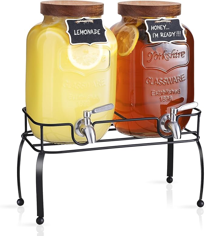 mustry Glass Drink Dispenser for Parties, 1 Gallon Beverage Dispenser with Stand and Spigot Solid Stainless Steel, Used as...