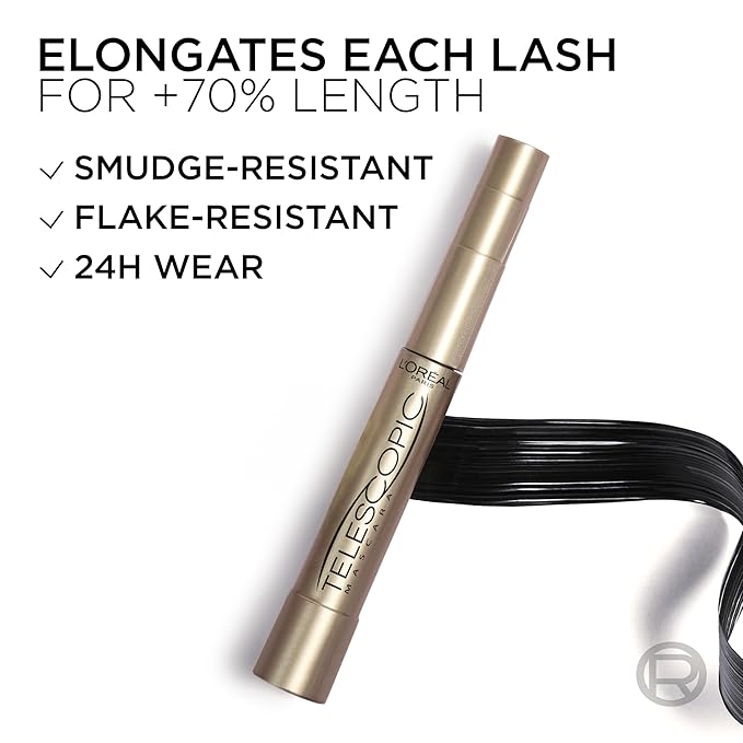 L'Oreal Paris Makeup Telescopic Original Lengthening, Lash Separating Mascara with Dual Precision Brush, Washable, Black, 0.27 Fl Oz., 2 Count