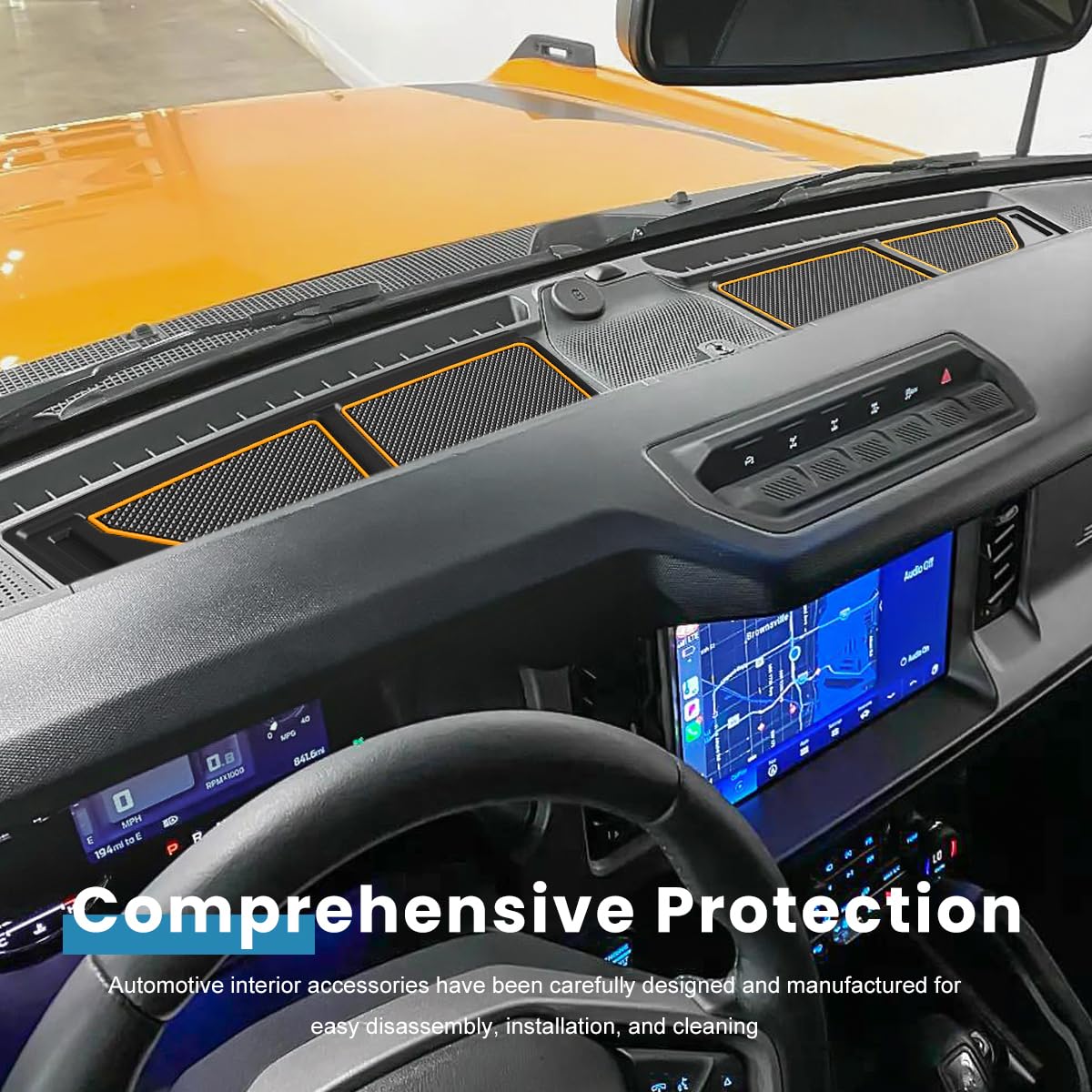 auovo Dash Cover Tray Fit for Ford Bronco Accessories 2026 2025 2021 2022 2023 2024 Anti-Slip Silicone Dashboard Compartments Mat fit Bronco 2/4-Door Interior Dash Pad Liners 2-pc Set (Orange Trim)