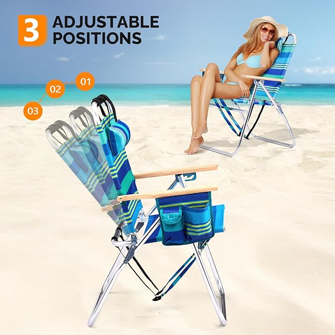 VINGLI Aluminum 17" Backpack Beach Chair – Tall Beach Chairs for Adults, Portable with Adjustable Straps, 3-Position Reclining, Cup Holder, High Lightweight Beach Chairs for Beach