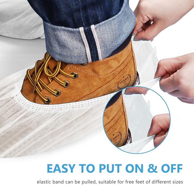 squish Shoe Covers Disposable Non Slip, 100 Pack(50 pairs) White Thick Extra Disposable Boot Covers Slip Proof Shoe Cover for Indoors Outdoors Durable Protector Covers Fits Virtually Most Shoes