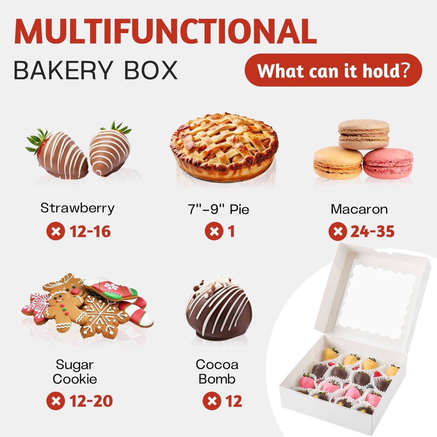 9" x 9" x 2.5" Pie Boxes, 20 Pack Auto Pop-up Chocolate Covered Strawberry Boxes White Bakery Boxes with Window for Cookies, Treats, Pastry, Breakable Heart, Donuts, Muffins