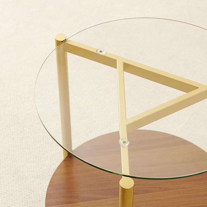 Pine Flicker Round End Table, Mid-Century Modern Design, D20*H23 inch, for Living Room, 2-Tier Structure, Clear Glass Top and Walnut MDF Shelf, Sleek Conical Metal Legs with Gold Finish