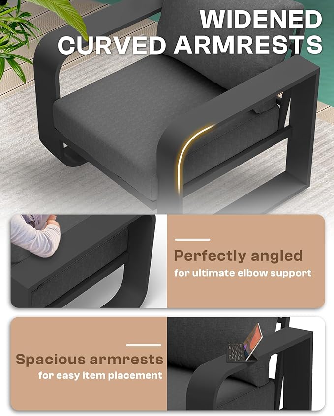 Aluminum Outdoor Patio Couch, 3 Seats Oversized Patio Sofa with Widened Armrest & Ultra-Thick Cushions, Deep Seating Modern Patio Furniture for Backyard, Deck, Graphite