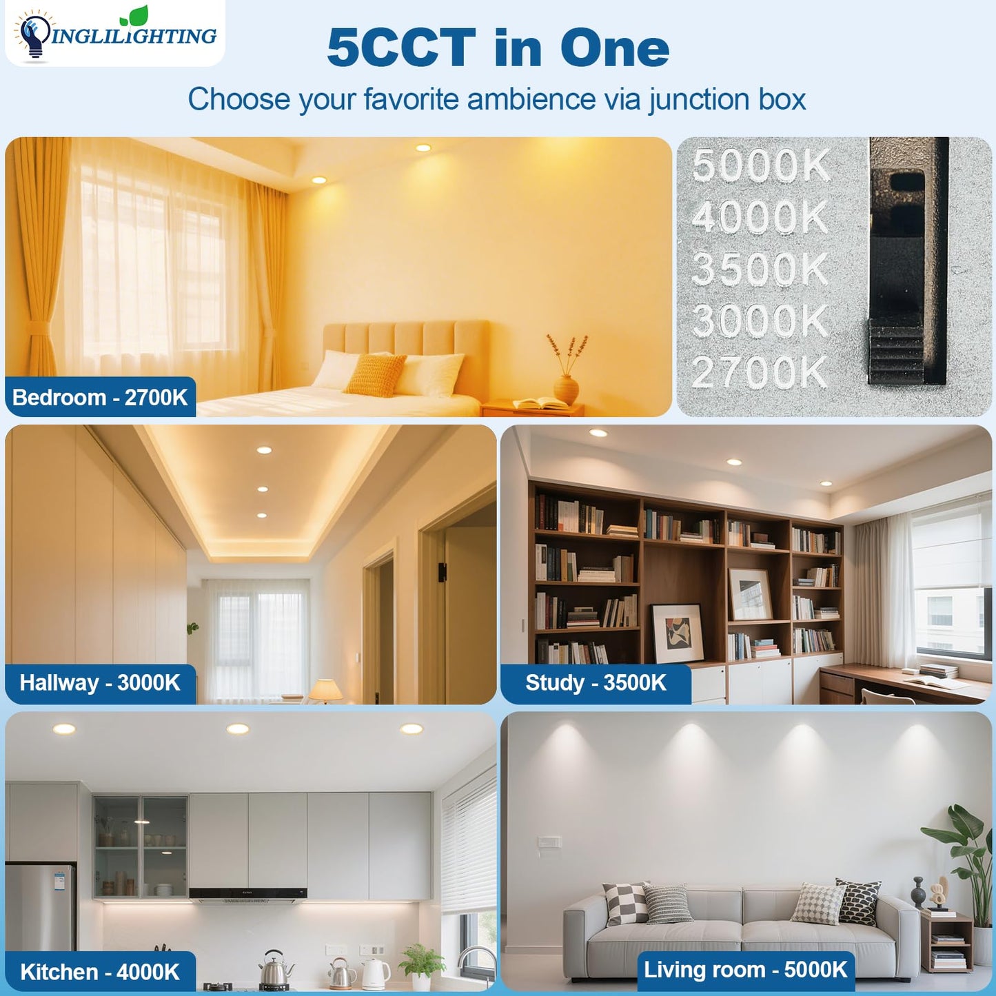 DLLT LED Recessed Ceiling Light: 6 Pack 8 Inch Slim Recessed Lighting for Kitchen - 5CCT Dimmable Canless Wafer Downlight for Living Room - 1800LM Brightness 6W LED Can Lights for Bedroom ETL FCC