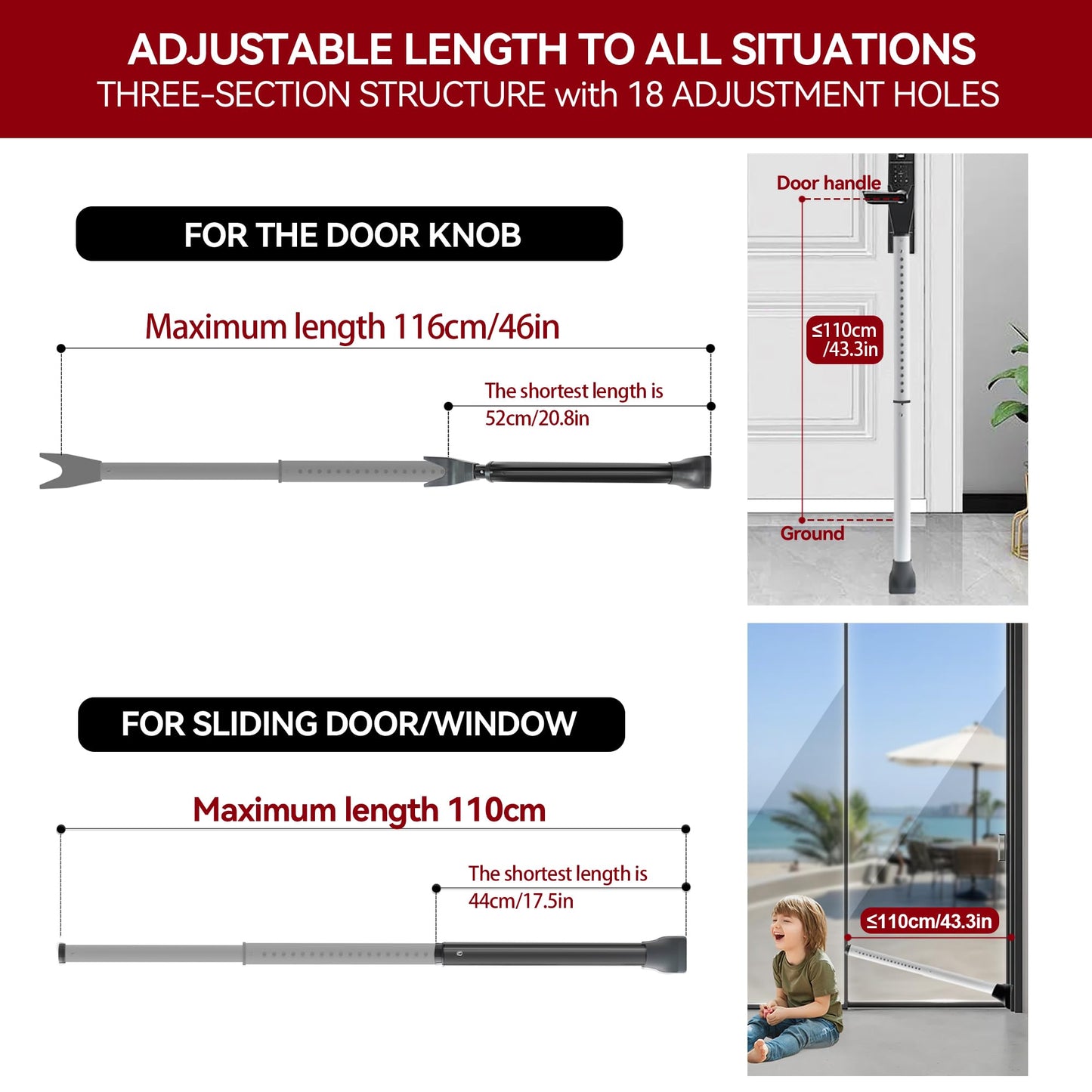 AceMining Upgraded Door Security Bar & Sliding Patio Bar, Heavy Duty Stoppers Adjustable Jammer for Home, Apartment, Travel (1 Pack,White)
