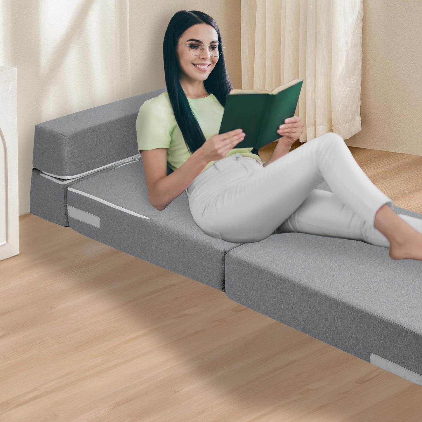 CATMIX Folding Sofa Bed, 7 inch Memory Foam Floor Couch, Convertible Sleeper Foldable Mattress Futon Sofa for Living Room/Home Office/Guest Beds/Apartment/Upstairs Loft, New Light Grey, Single