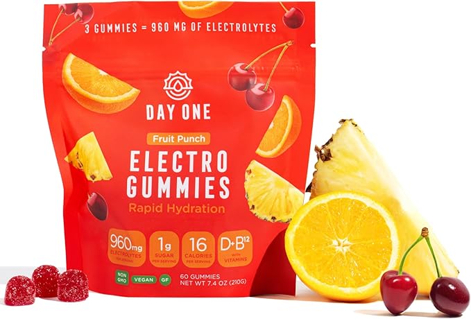 Day One Electrogummies - 60pcs. of Fruit Punch Flavored Electrolyte Gummies for Hydration and Recovery - Packed with Essen...