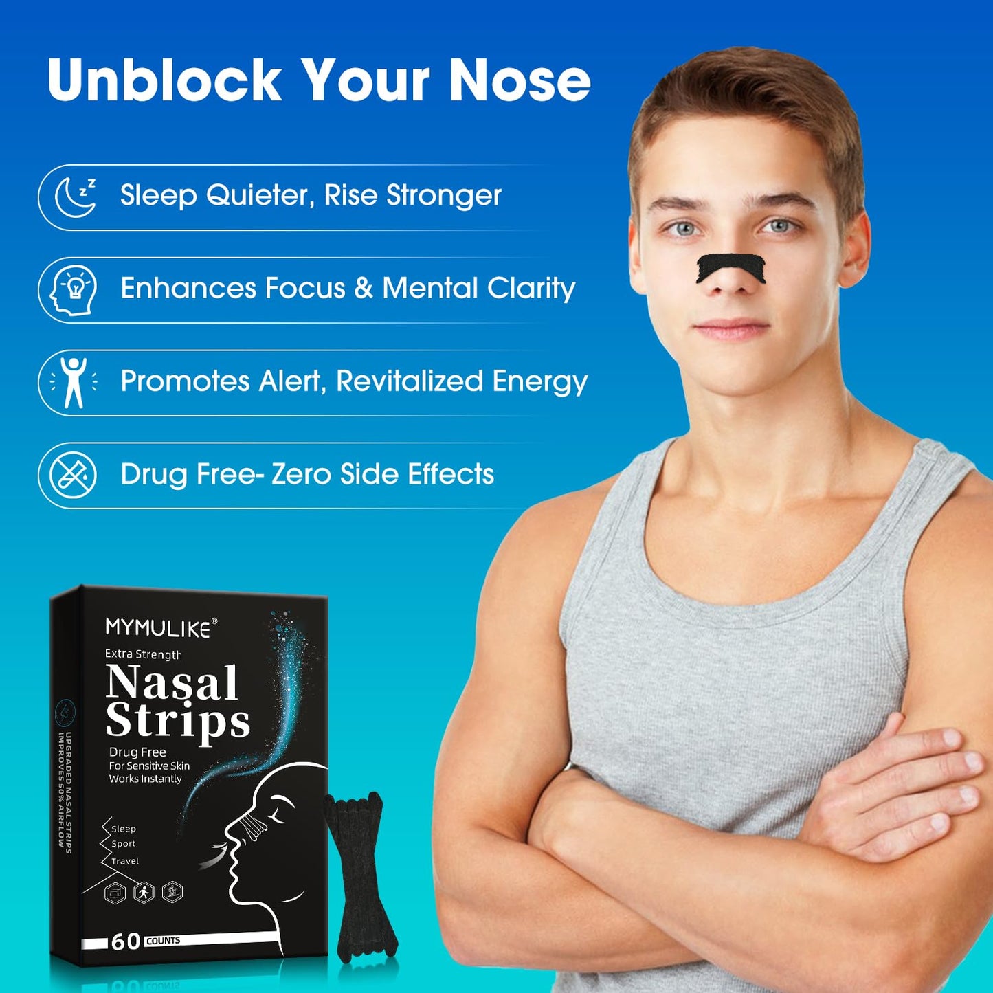 MYMULIKE Nasal Strips for Snoring, 60 Count Nose Strips for Breathing- 3X Stronger Opening | Triple Elastic Bands, Reduce Snoring & Nasal Congestion, Nose Patches for Sleep, Work, Sport, Travel