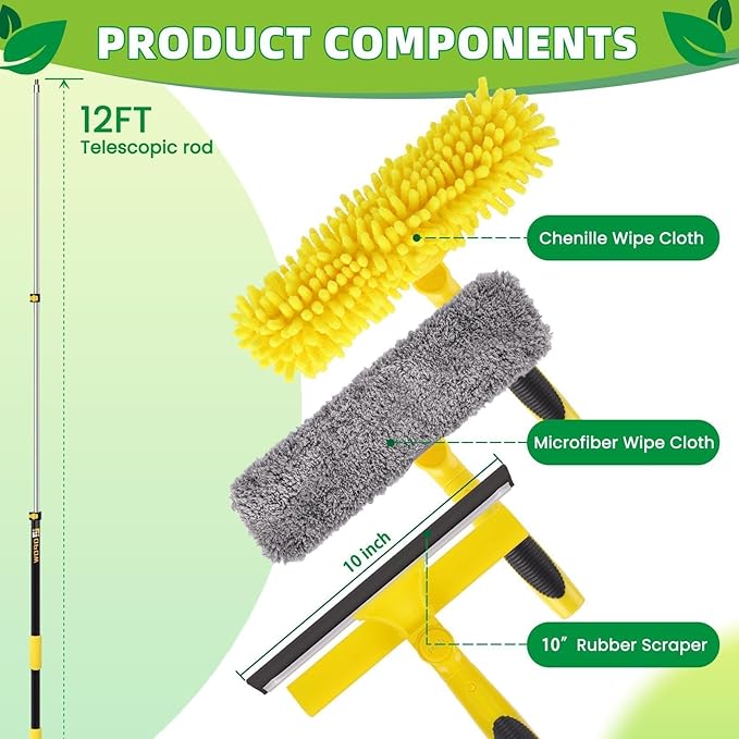 150'' Long Reach Window Squeegee with Telescoping Extension Pole, 2-in-1 Indoor/Outdoor Cleaning Tool with 270° Rotatable Head, Lightweight Alloy Aluminum Pole for Shower Door, Mirror, Car Windshield