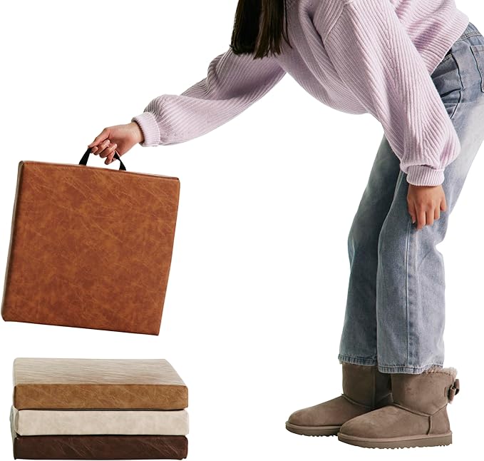 Factory Direct Partners Rustic Kid 15 inch Square Floor Cushions with Handles, Distressed Faux Leather, Flexible Seating for Home, Playroom, Montessori, Daycare, Classroom (4-Piece), 12227-DA