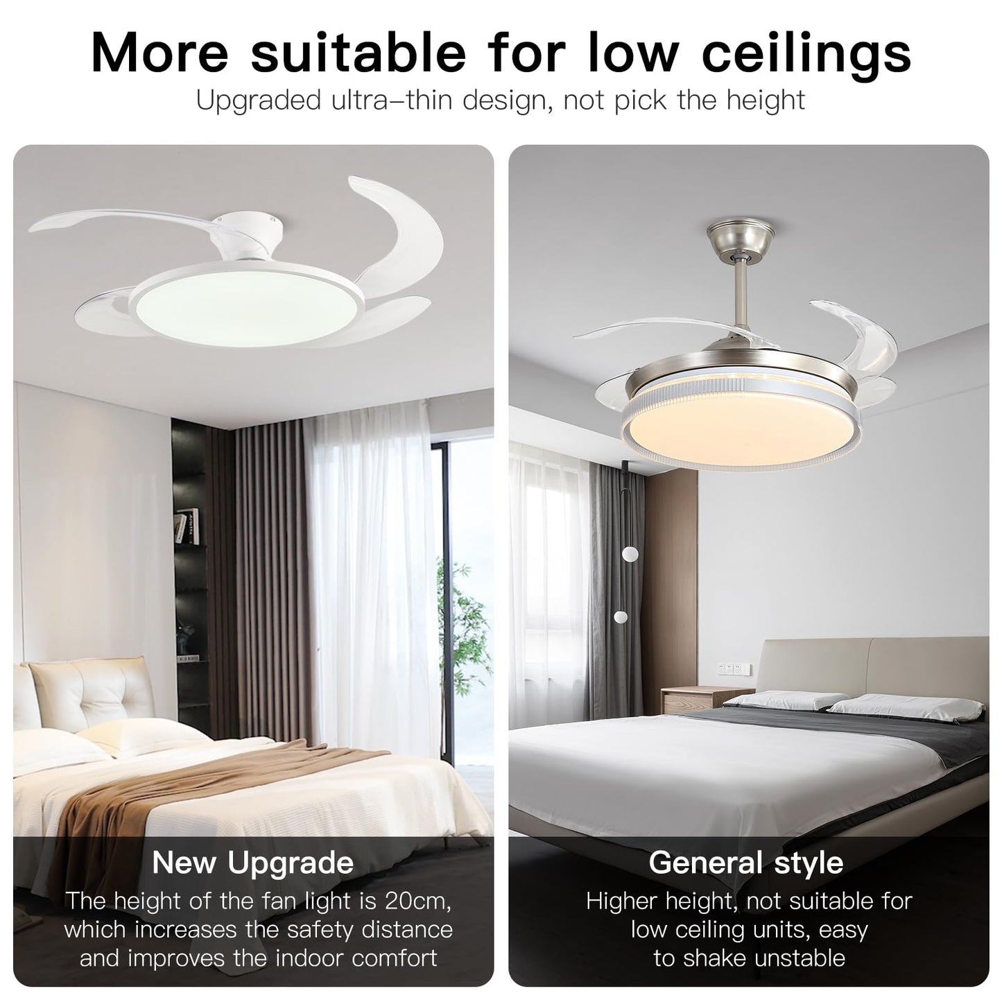 AHAWILL 48'' Retractable Ceiling Fan,Full Spectrum Low Profile Ceiling Fan with Light and Remote,Modern White Fan for Dinning Room Living Room Bedroom,Retractable Blades,Dimmable,Timer Setting