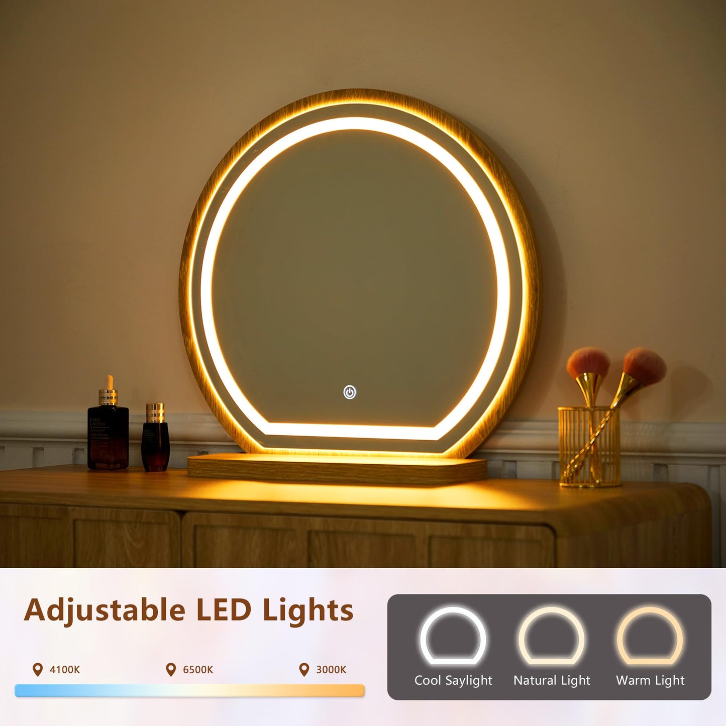 ORRD Vanity Desk with Mirror and Lights, Modern Wood Wave Panel Vanity Desk Set Makeup Table with Drawers and Cabinet, Dressing Table with Storage for Bedroom, Natural