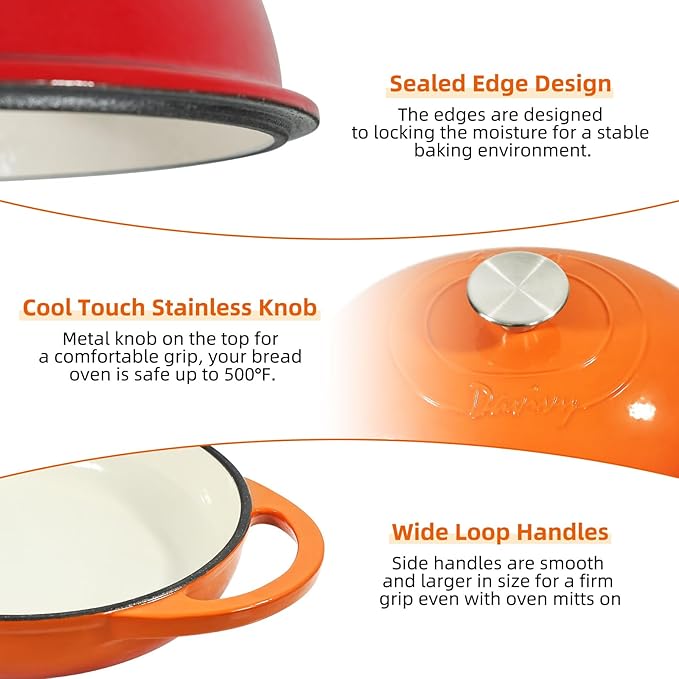 Davivy 6QT Oval Bread Oven with Domed Lid, Enameled Oval Dutch Oven Pot for Sourdough Bread Baking 6QT, Non-stick Cast Iron Sourdough Pan Bread Cloche with Lid - Flame Orange