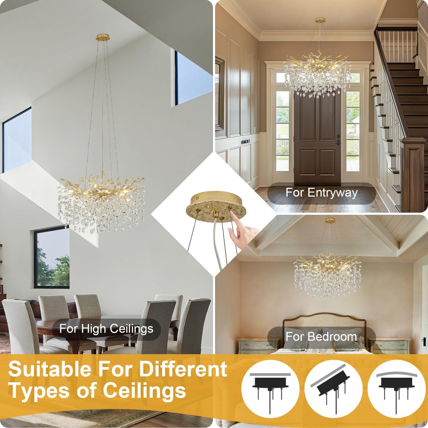 NIUZDU Gold Crystal Tree Branches Chandelier,23" Modern Round Crystal Chandeliers for Dining Room, K9 Crystal Lighting Fixture Chandelier for Bedroom, Living Room, Foyer,Kitchen Island,Bathroom