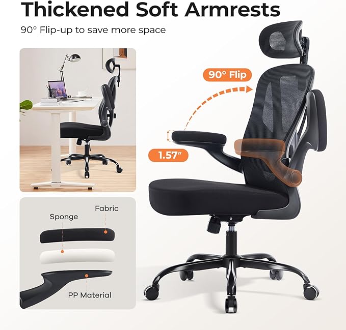shipborne Office Chair Ergonomic Office Chair with Lumbar Support, Head Support, Rocking Function, FILP-up Armrests, Mesh High Back Chair Home Office Desk Chair, Suitable for Home, Office, Black