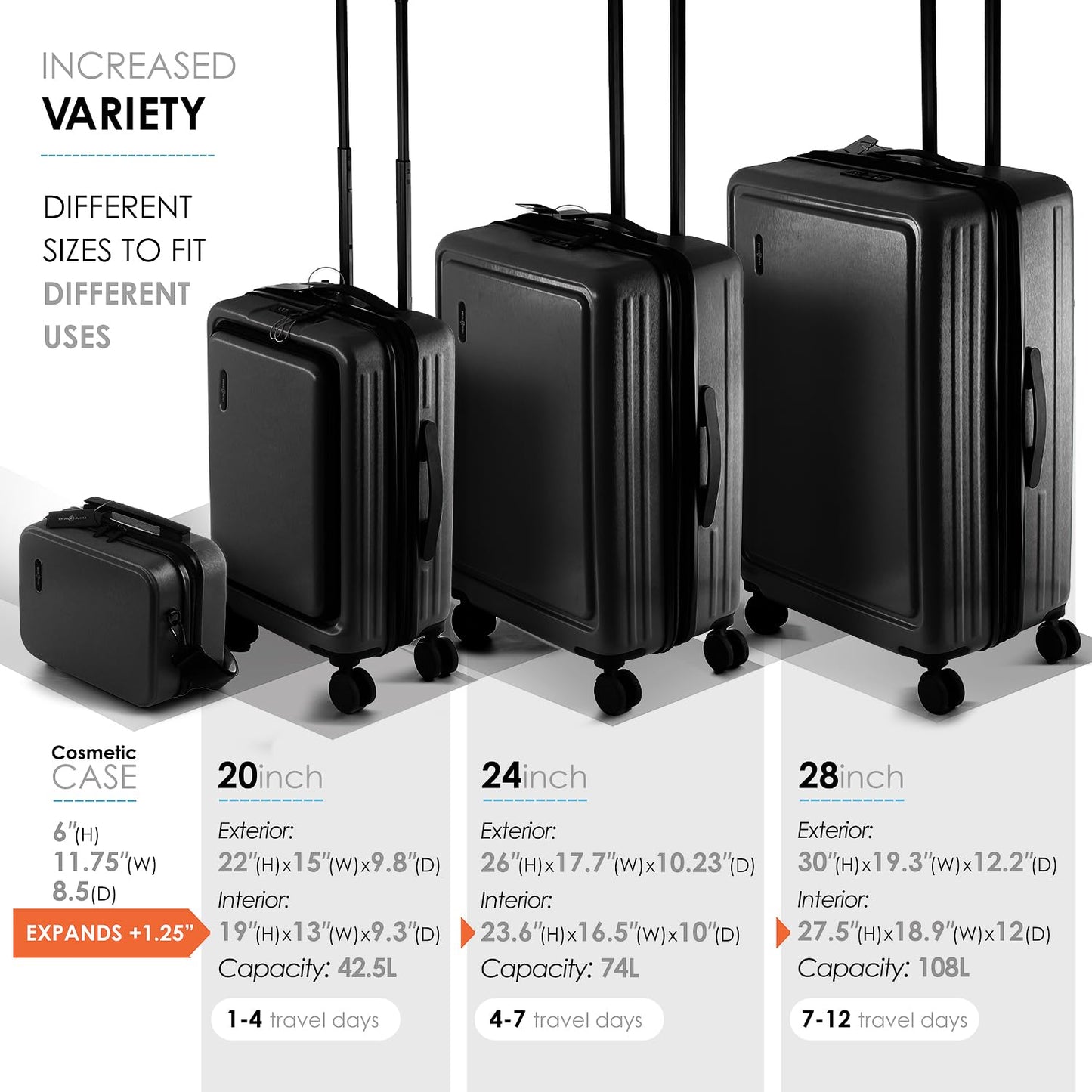 TRAVELARIM Hard Shell Luggage Sets with Spinner Wheels 4 Piece, Expandable Large Suitcases with TSA Lock, Travel Large Suitcase Set, Black Luggage Set