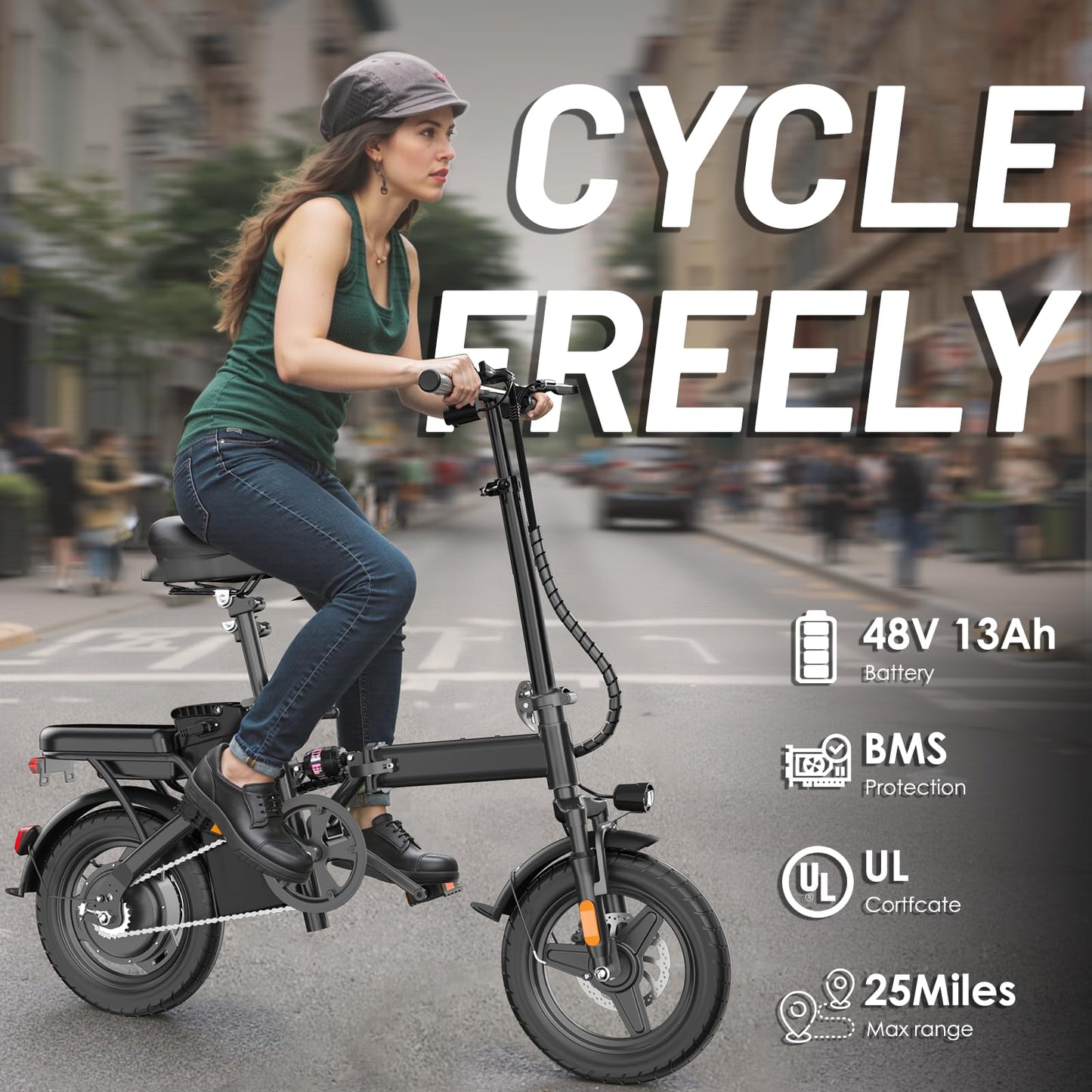 E14 E Bike Electric Bike for Adults 500W Motor, Folding Ebike 14" Adults Electric Bicycles, 48V 10Ah Removable Battery UL 2849 Certified, 30 Miles PAS Range, Mini E Bikes for Teens (E14 Black)
