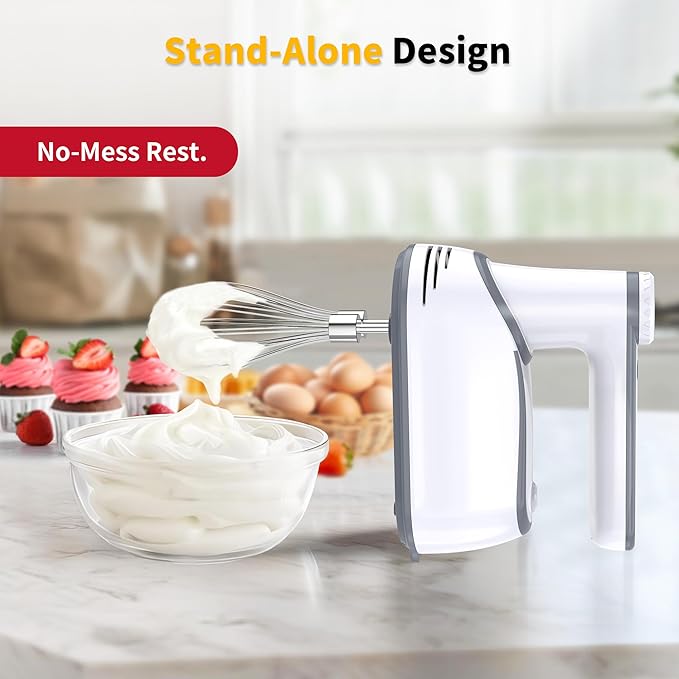 Cordless Hand Mixer, 12-Speed Rechargeable Electric Handheld Mixer with 6 x 304 Stainless Steel Attachments (2 Whisks, 2 Beaters, 2 Dough Hooks) & Storage Case, for Baking, Eggs, Cakes (White)