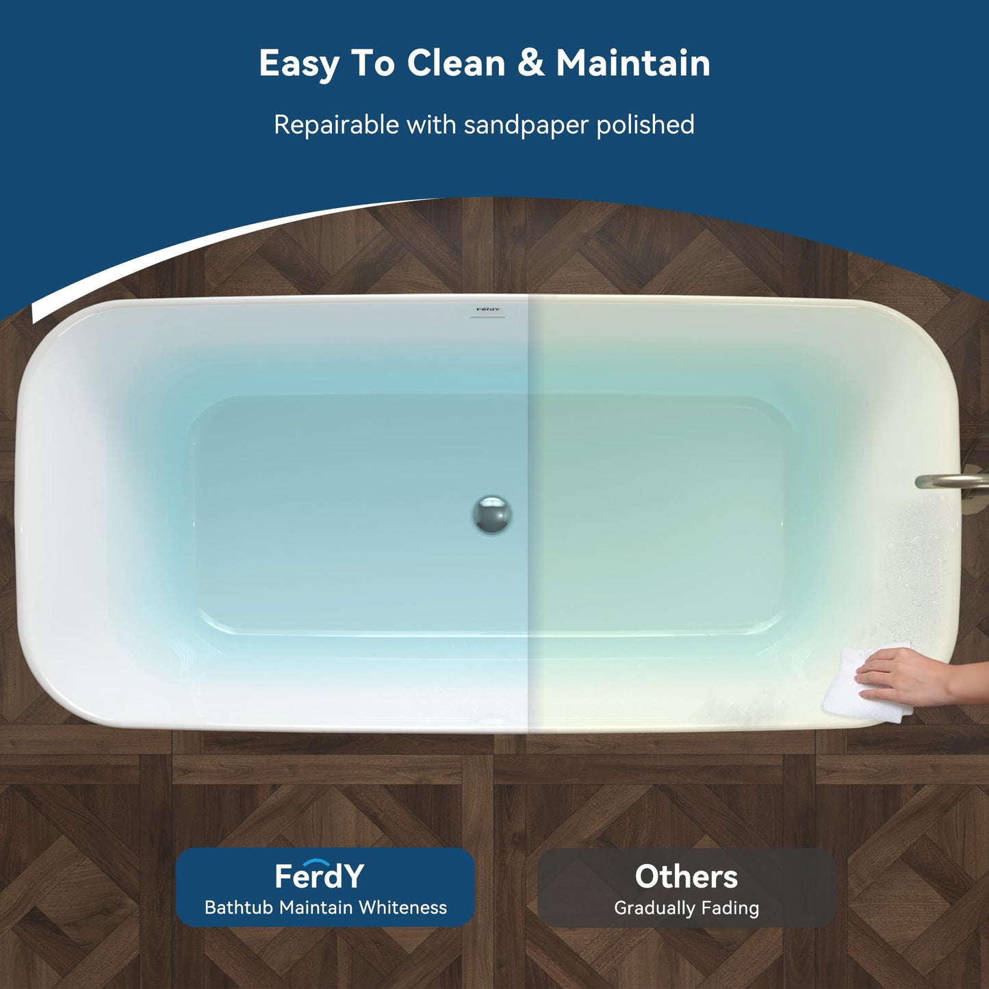 FerdY Maui 67" Freestanding Bathtub Elegant Freestanding Soaking Bathtub, Glossy White, cUPC Certified, Toe-Tap Chrome Drain & Overflow Assembly Included