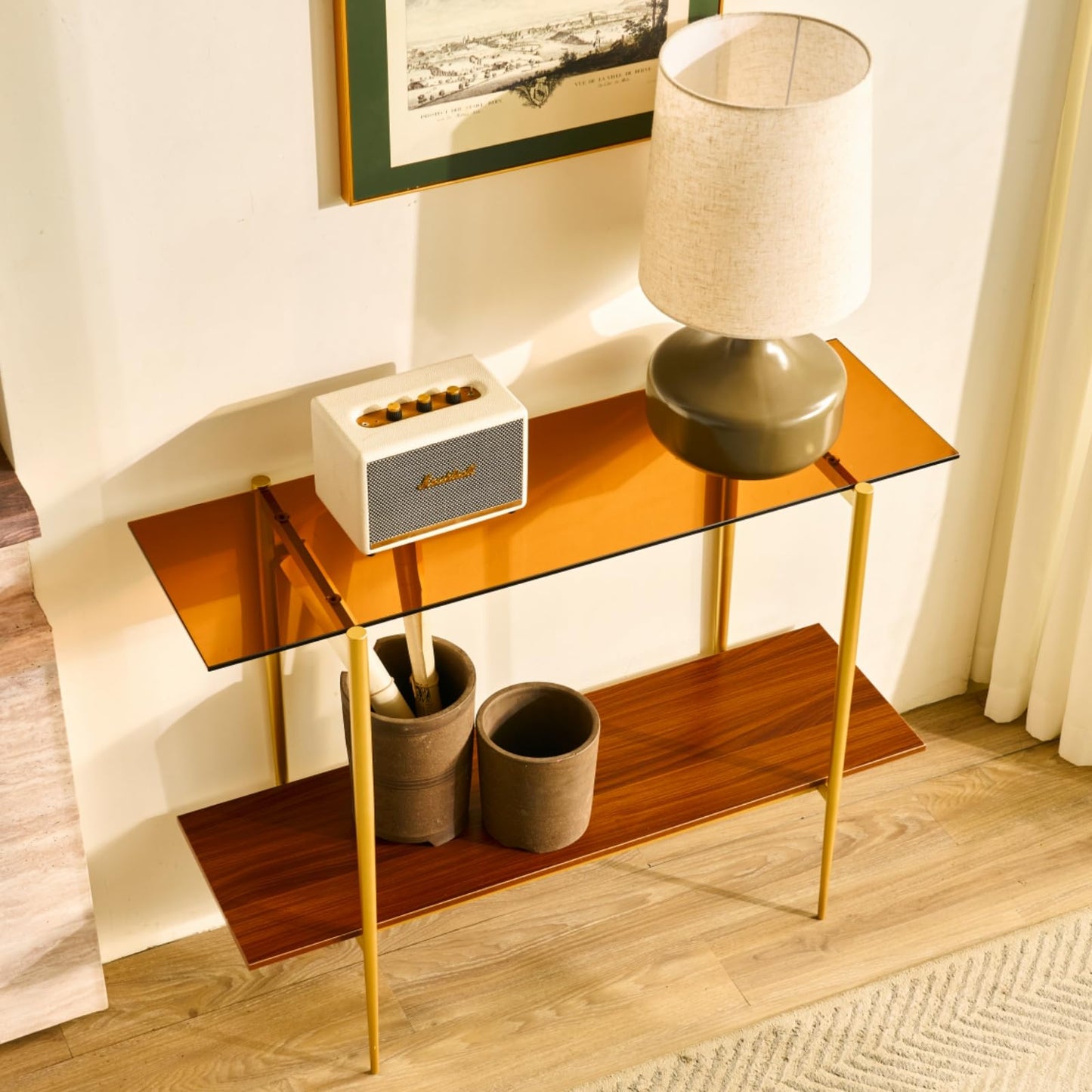 Saint Mossi 2-Tier Brown Console Table for Living Room, Modern Narrow Entryway Table, Glass Sofa Table for Hallway, Foyer, Corridor, Office, Brown Glass Top & Gold Frame, D41×H31xW13
