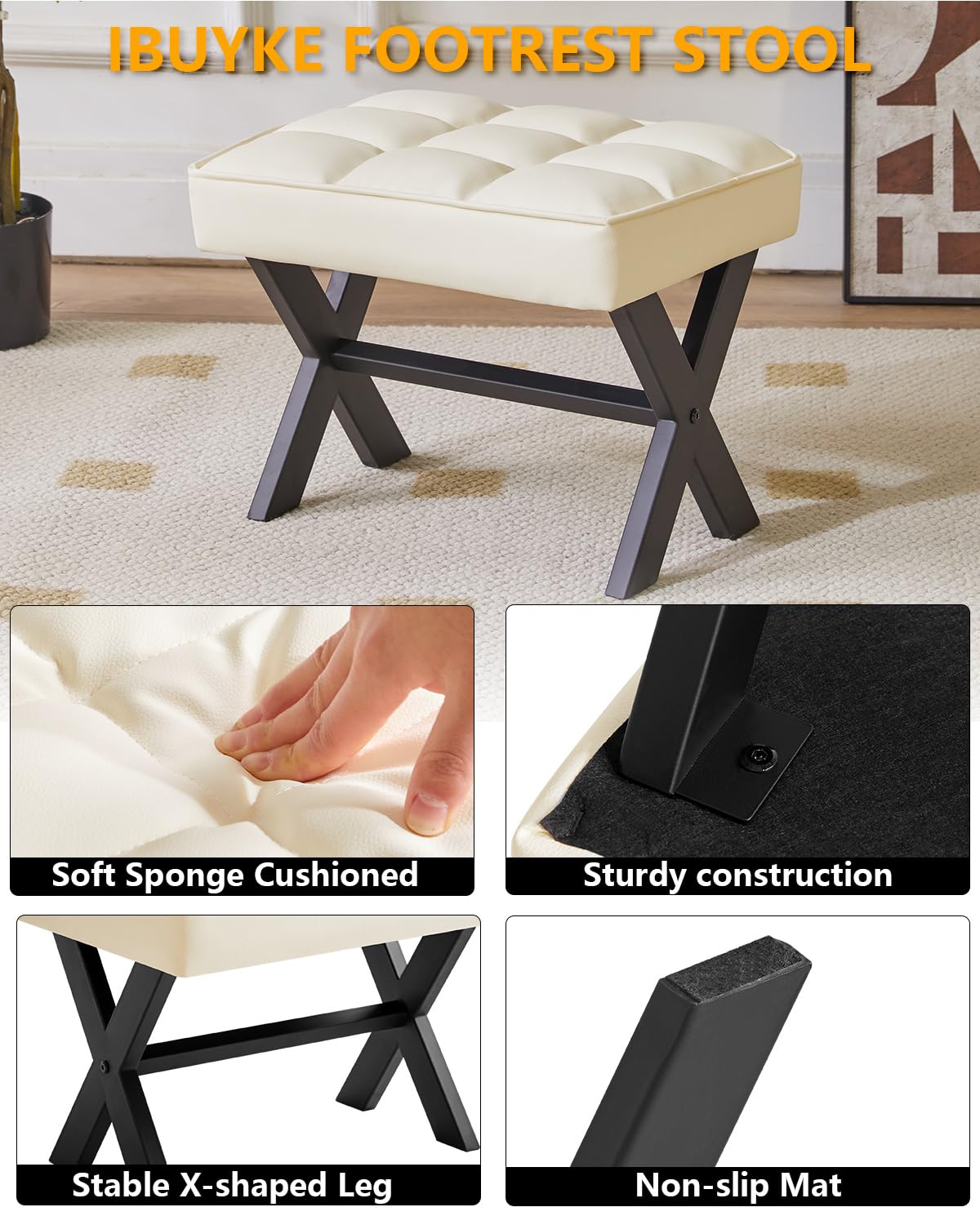 IBUYKE Small 12" H Footrest Stool, Square PU Foot Stool with Metal X-Leg, Multi-Use as Small Side Table, Step Stool for Living Room, Bedroom, Entryway, Office, White WBD012W