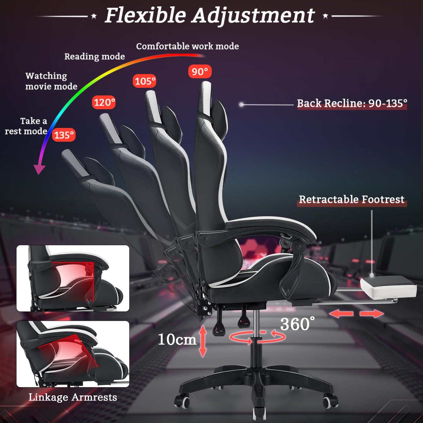 RGB Gaming Chair with Massage and LED Lights Ergonomic Computer Chair with Footrest Reclining High Back Video Game Chair for Adults with Adjustable Lumbar Support White and Black