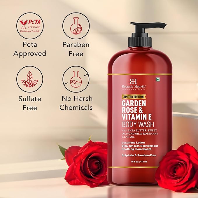 Botanic Hearth Garden Rose & Vitamin E Body Wash – Limited Edition Hydrating Shower Gel with Shea Butter & Sweet Almond Oil, Luxurious Lather, Sulfate & Paraben Free – 16 fl oz