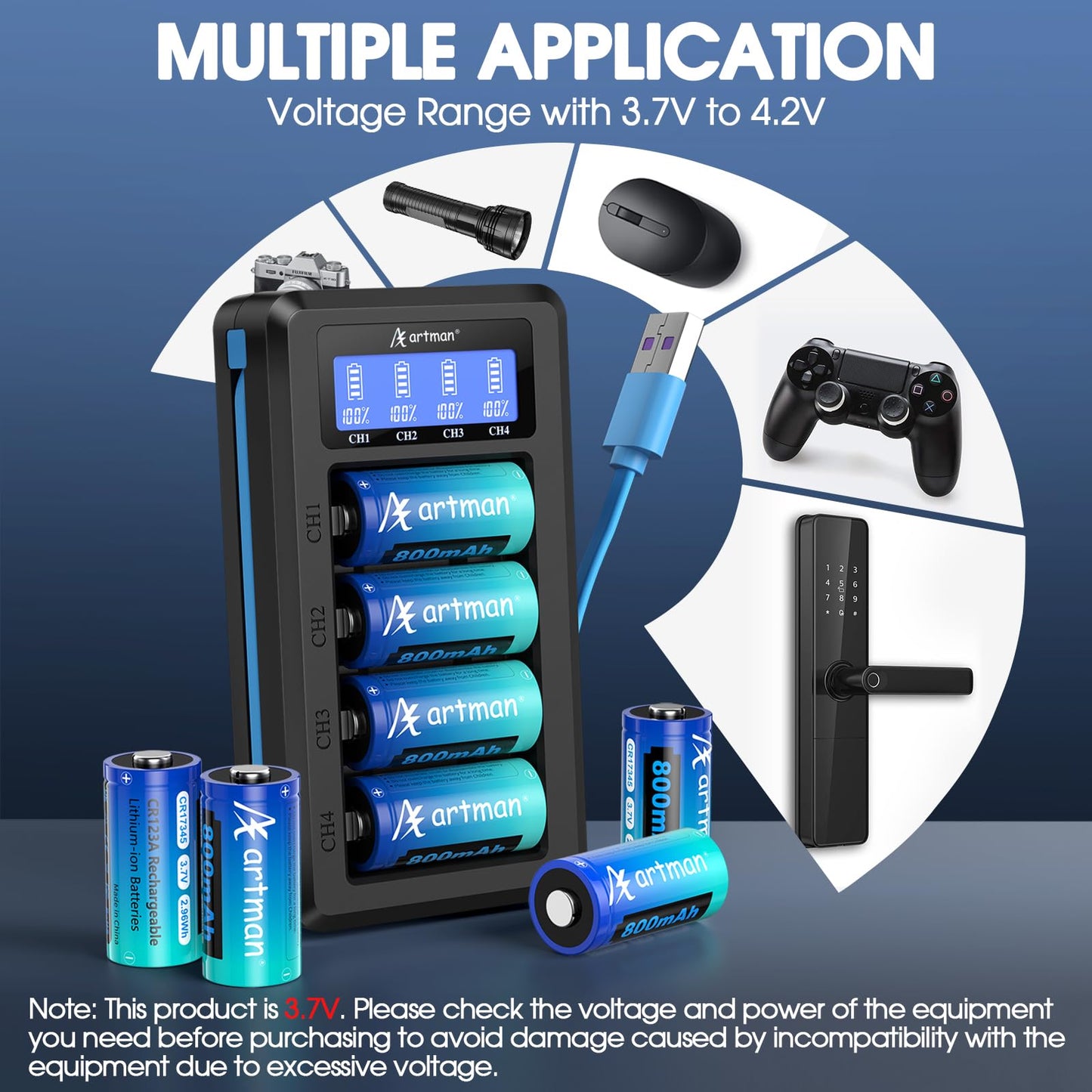 Artman CR123A Rechargeable Batteries 800mAh, 8 Pack 3.7V CR123A Lithium Batteries with Charger, CR17345 Battery Compatible with Arlo Cameras VMC3030 VMK3200 VMS3330 3430 3530, Flashlight Microphone