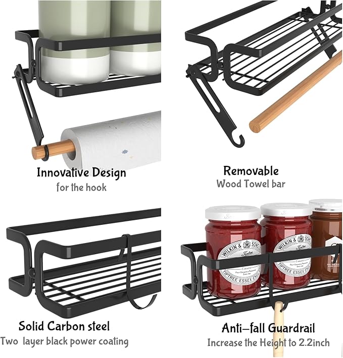 3 Pack Spice Rack Wall Mount With Paper Towel Holder and Hooks,Adhesive Hanging Spice Rack for Spice Jars and Seasonings, Space Saving Spice Racks Organizer for Cabinet,Pantry Door,Black