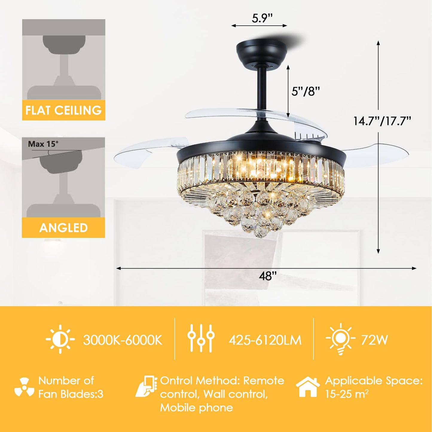 Asyko 48" Black Crystal Chandelier Ceiling Fans with Lights, Modern Retractable Blade Ceiling Fan Light with Remote and APP, Dimmable 3 Light Colors and Reversible Quiet DC Motor