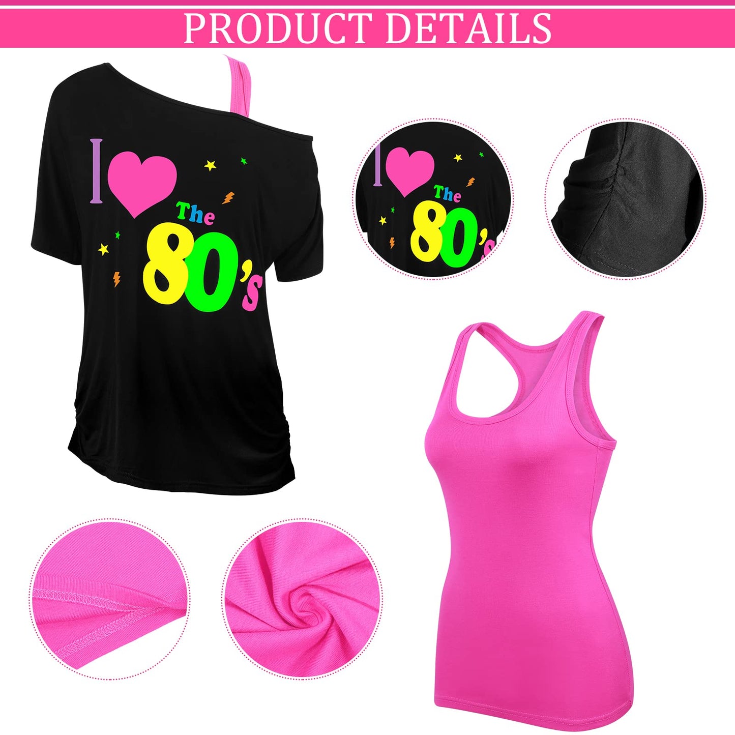 Didaey I Love The 80's Disco 80s Costume Print Off Shoulder Tops Tank Top Headband Earring Necklace Legwarmers Fishnet Gloves (Rose Red,XX-Large)