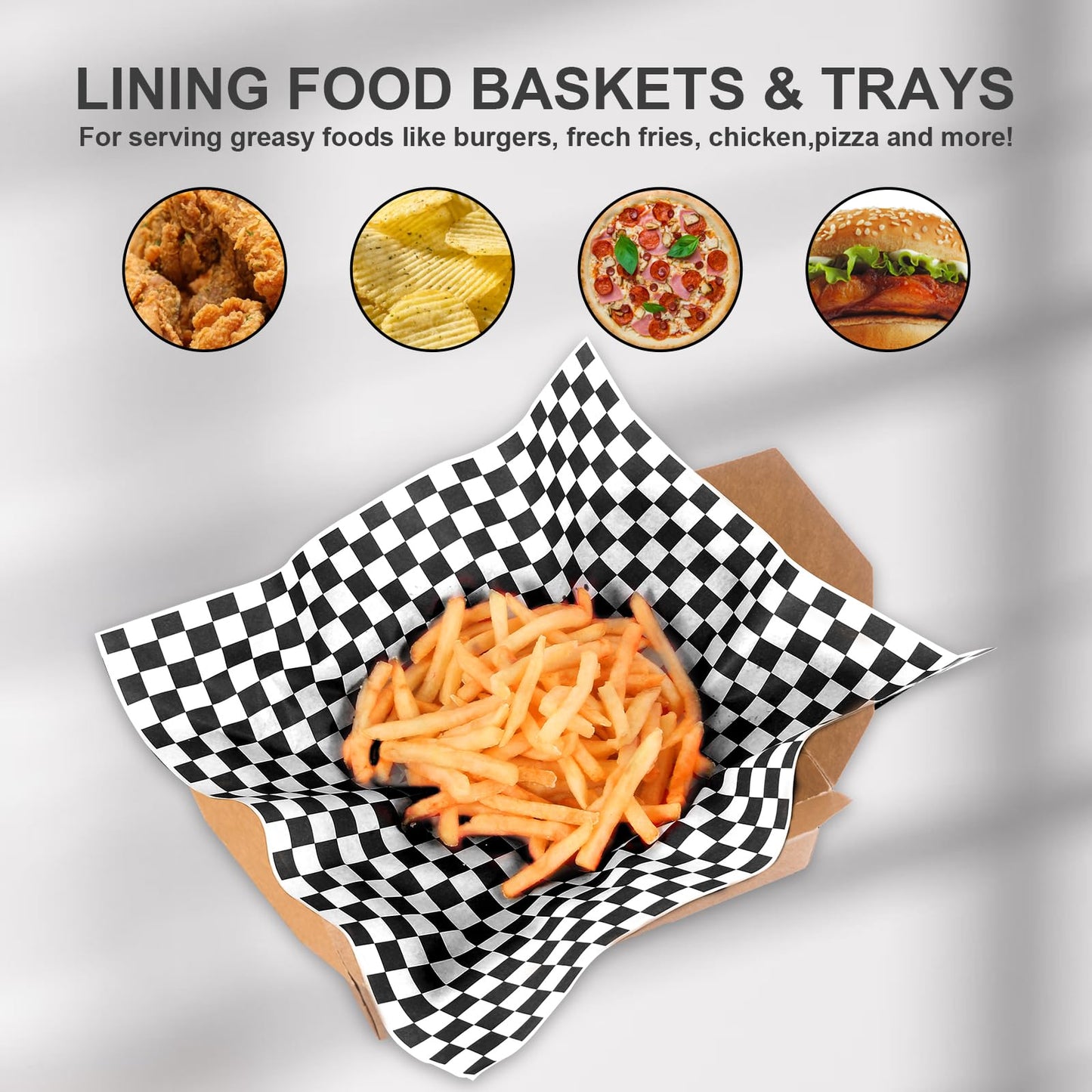 100pcs Deli Paper Sheets 12x12", Premium Food Basket Liners, Grease Resistant Wax Sheets for Food, Classic Black Checkered Sandwich Wrapping Paper for Party, Festival and Outdoors, JIRNGLA