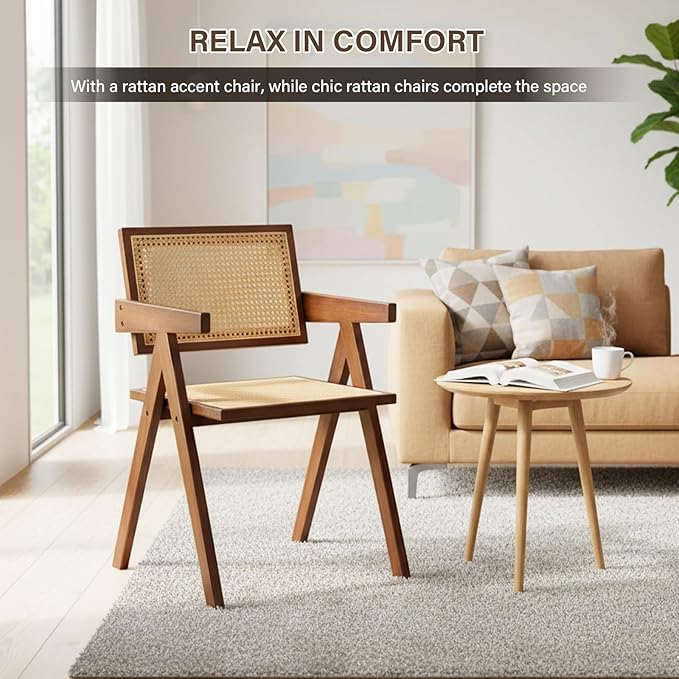 Furlide Rattan Accent Chairs, Modern Mid Century Dining Chairs Set of 4, Comfy Armchairs, Outdoor Rattan Chairs with Armrest for Bedroom Living Room Reading Room Dining Kitchen, Brown