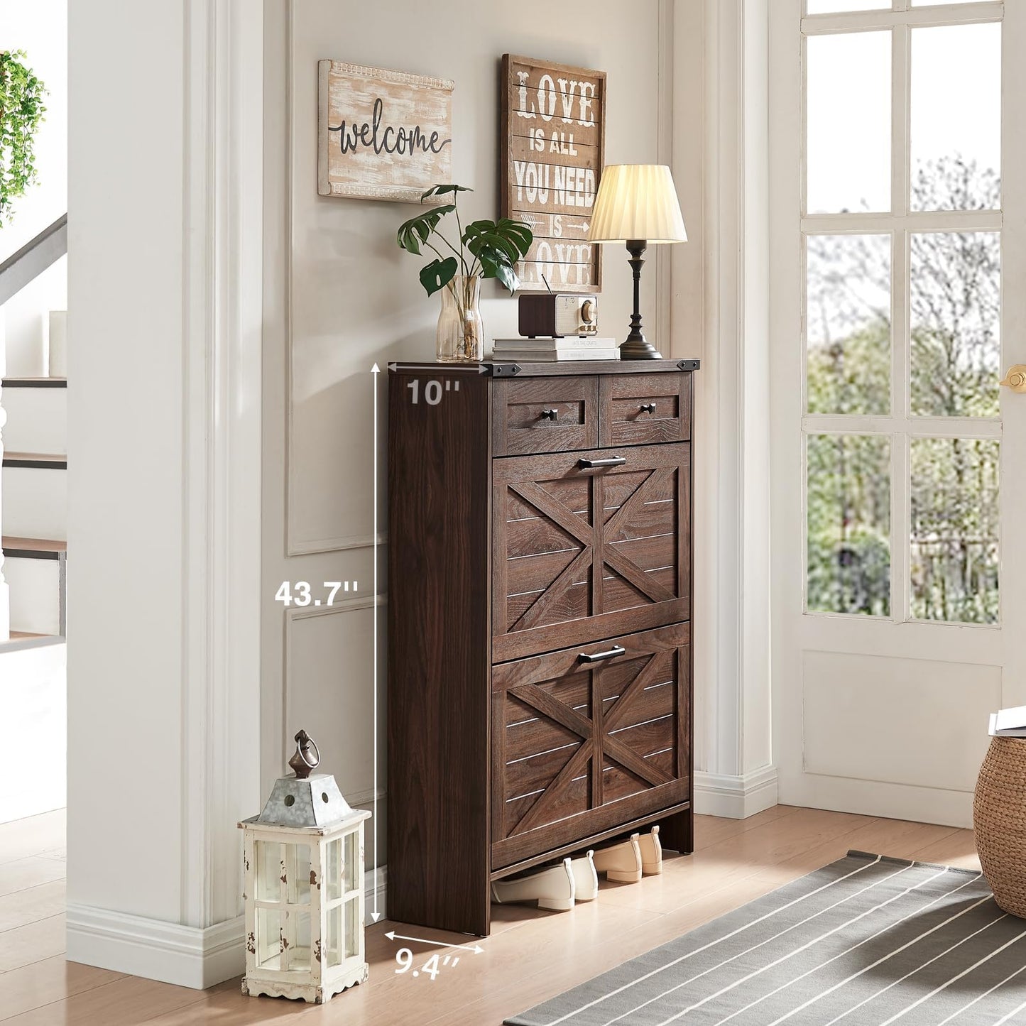 Barnyatoh Shoe Storage Cabinet, Farmhouse Shoe Organizer with 2 Hidden Flip Drawers & 2 Drawers, Narrow Freestanding Shoe Rack Cabinet with Adjustable Shelves for Entryway Hallway,Rustic Brown
